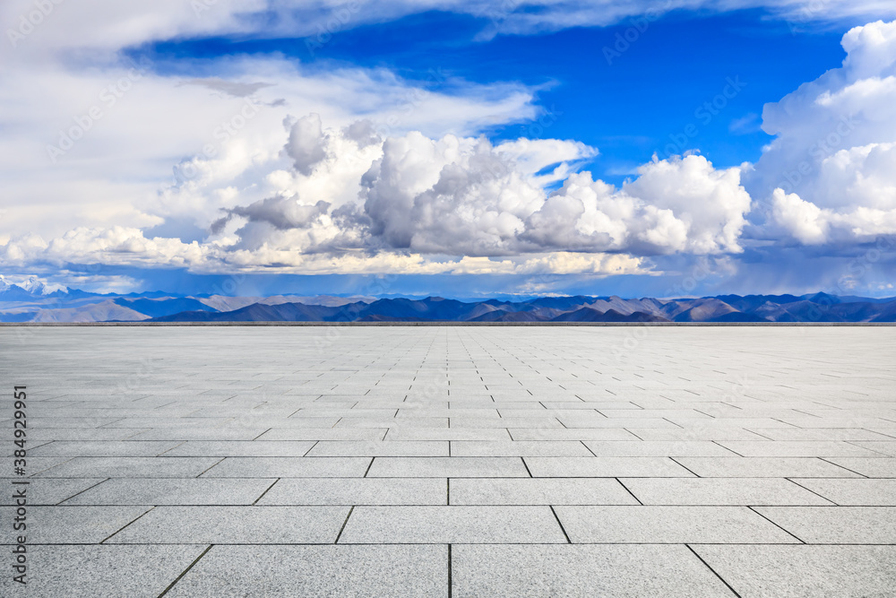 Empty square floor and mountain with sky clouds landscape.