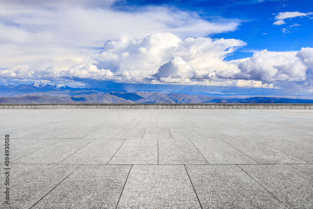 Empty square floor and mountain with sky clouds landscape.