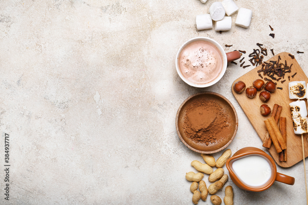 Composition with tasty cocoa drink on table