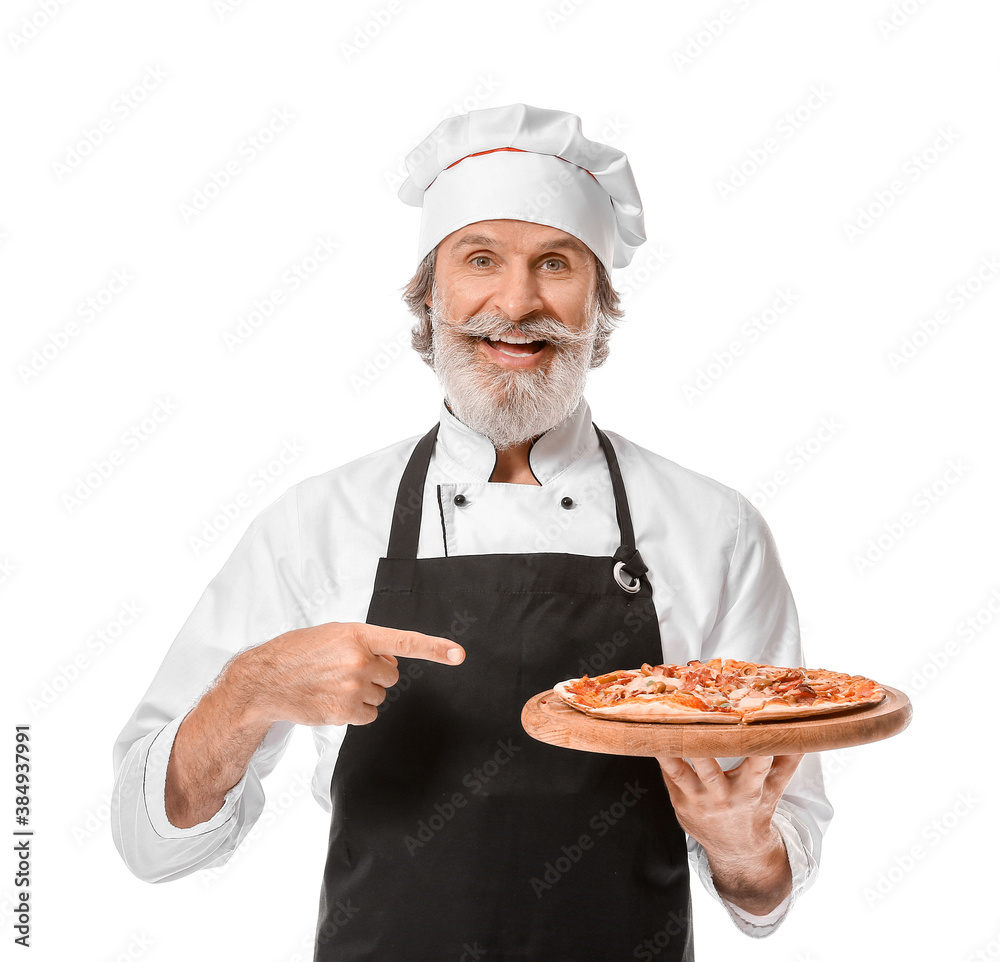 Mature male chef with tasty pizza on white background