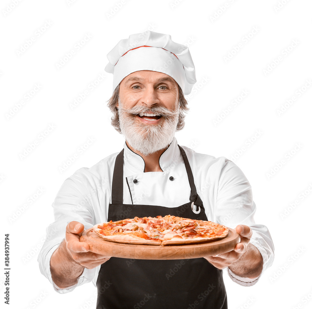 Mature male chef with tasty pizza on white background