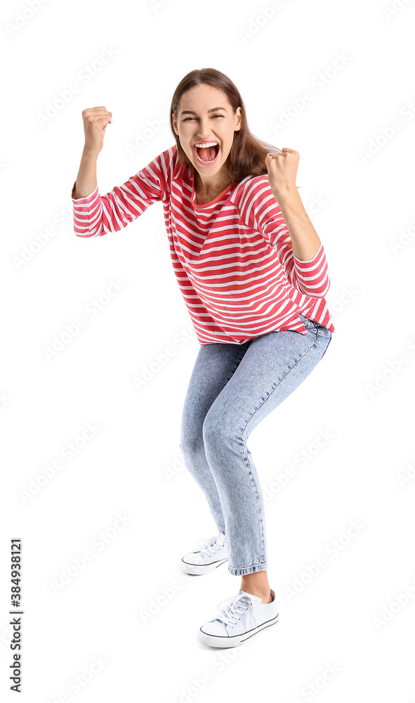 Happy young woman on white background. Concept of goal achievement