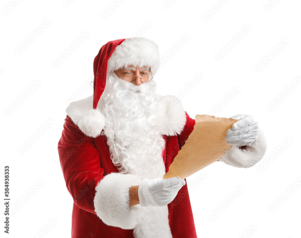 Santa Claus with letter on white background