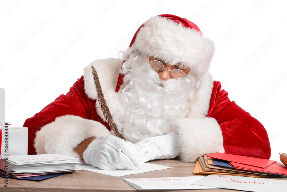 Santa Claus making list of gifts on white background