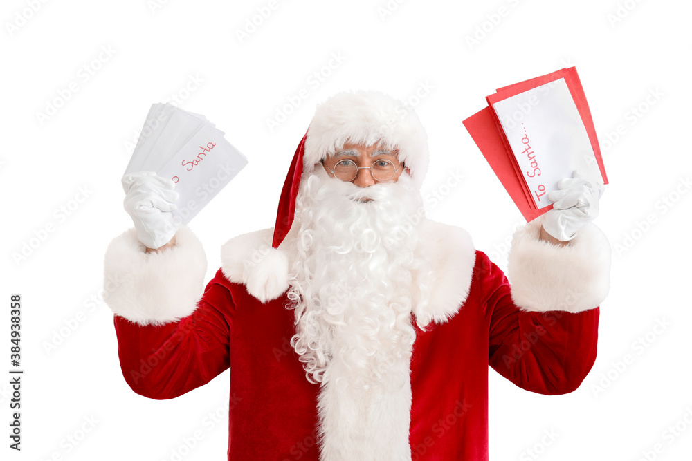 Santa Claus with letters on white background