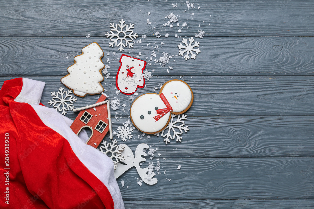 Santa bag with gifts and decor on wooden background