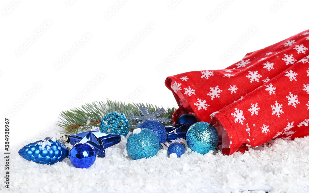 Santa bag with gifts and decor on white background