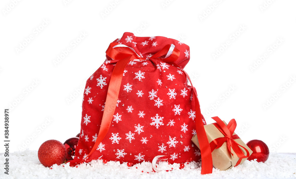 Santa bag with gifts on white background