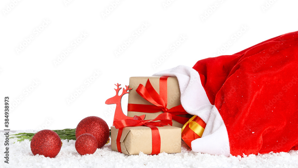 Santa bag with gifts on white background