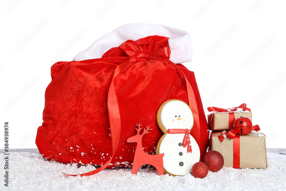 Santa bag with gifts on white background