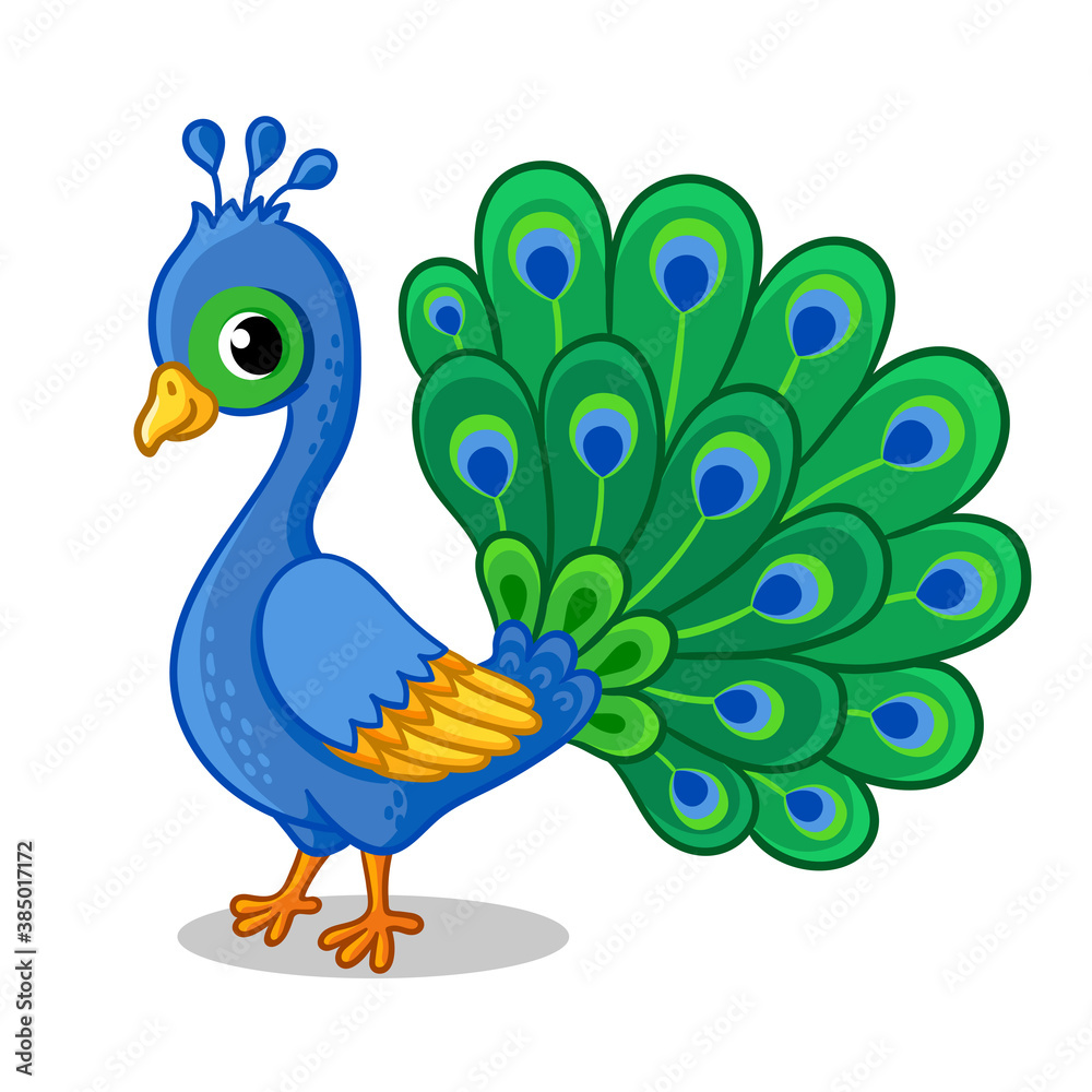 Cute beautiful blue peacock on a white background. Vector illustration with a bird.