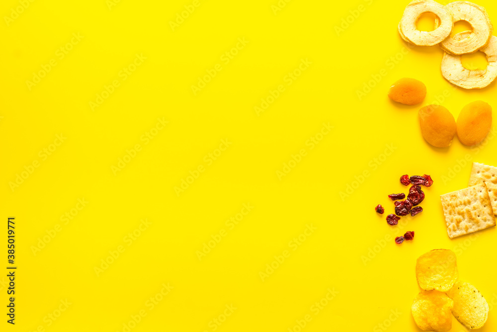 Variety of healthy snacks overhead on the table, copy space