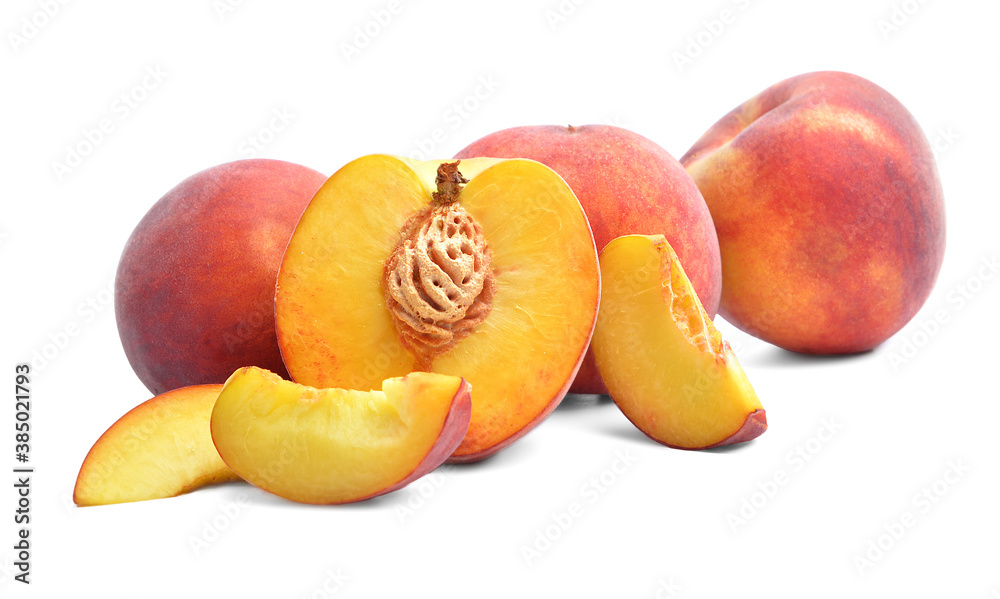 Sweet ripe peaches on white background