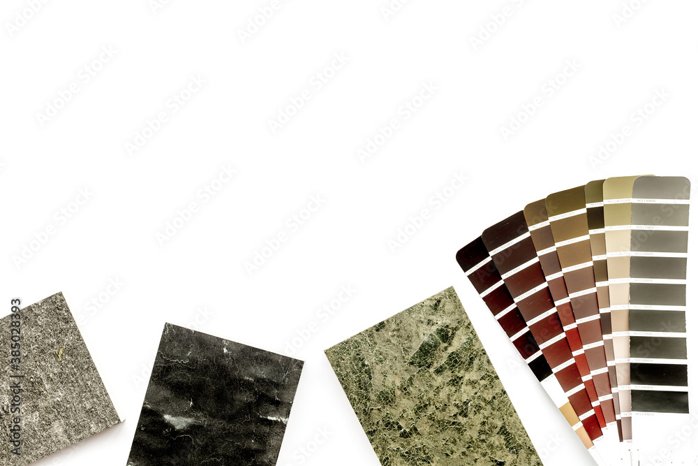 Sample of material and color scheme for interior design, above view