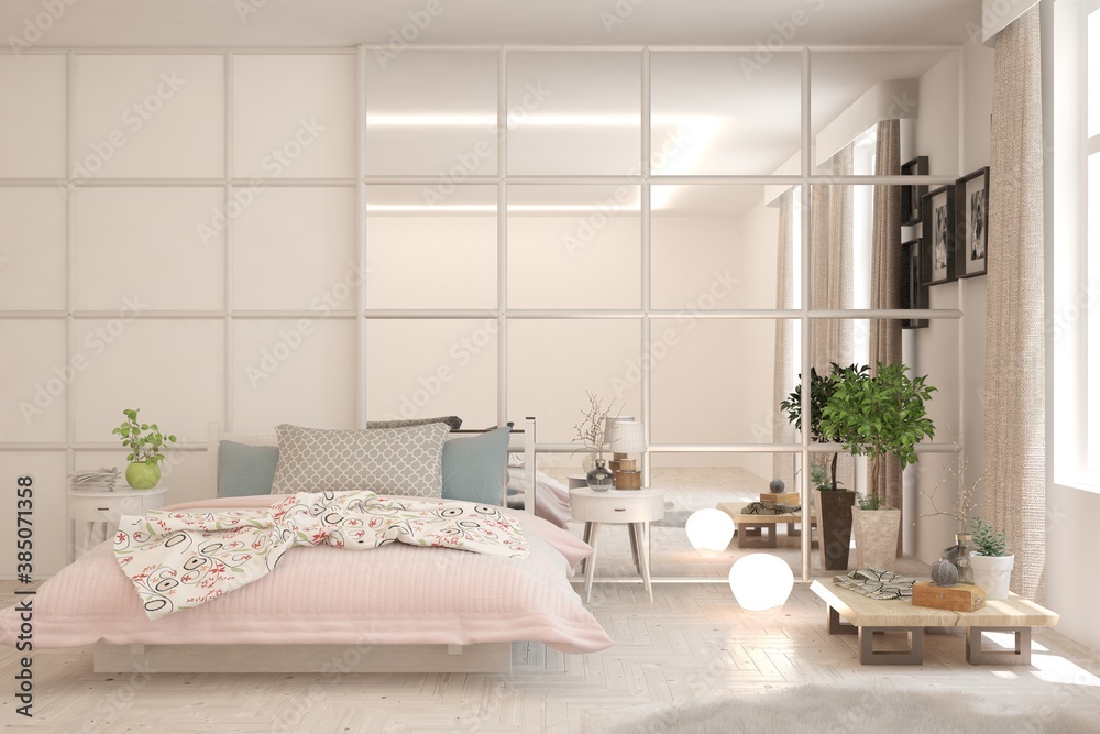 White bedroom interior. Scandinavian design. 3D illustration