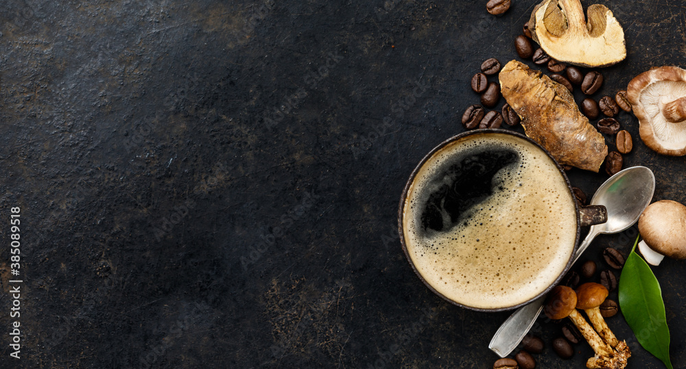 Mushroom Chaga Coffee Superfood Trend-dry and fresh mushrooms and coffee beans on dark background