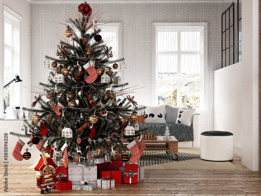 New year tree in scandinavian style interior with christmas decoration and fireplace	