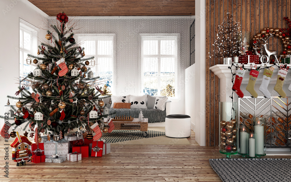 New year tree in scandinavian style interior with christmas decoration and fireplace	