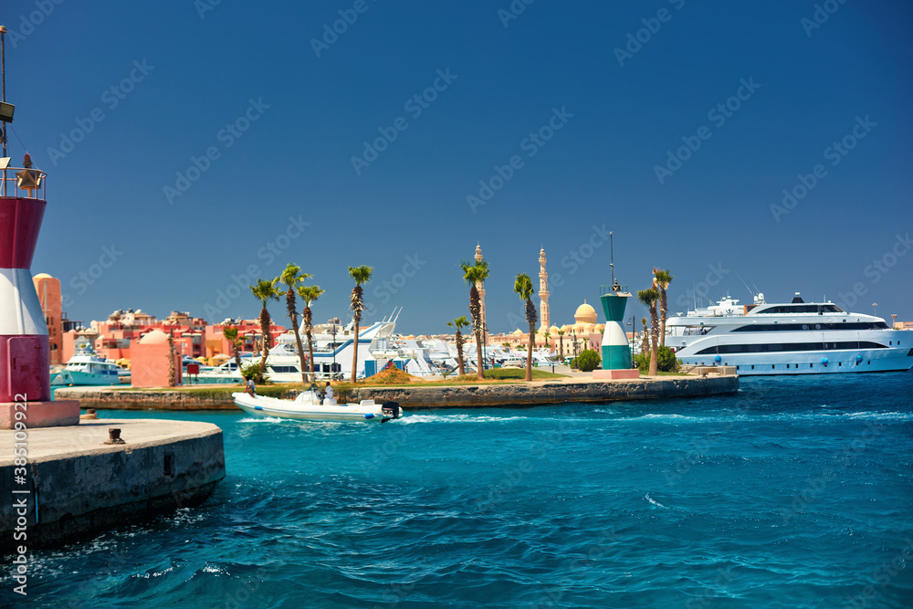 Red Sea seascape on Marina harbor in Hurghada, Egypt