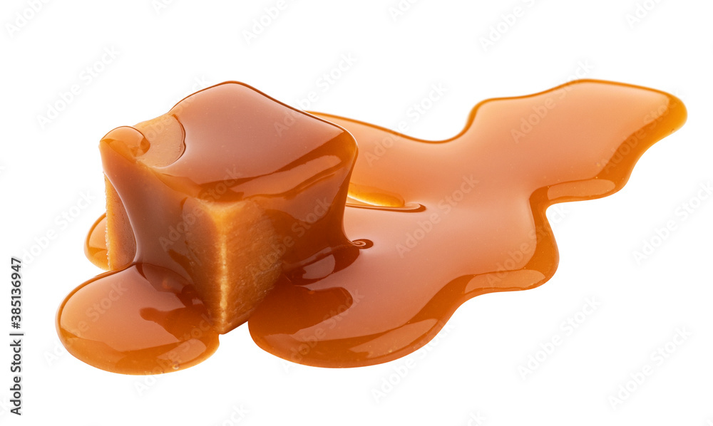 Caramel candy and caramel sauce isolated on white background