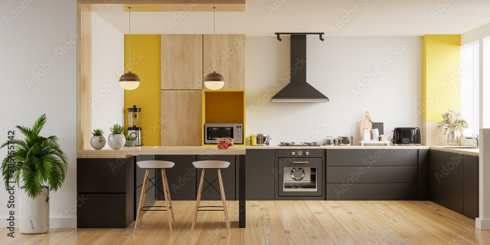 Modern kitchen interior with furniture.Stylish kitchen interior with yellow wall.