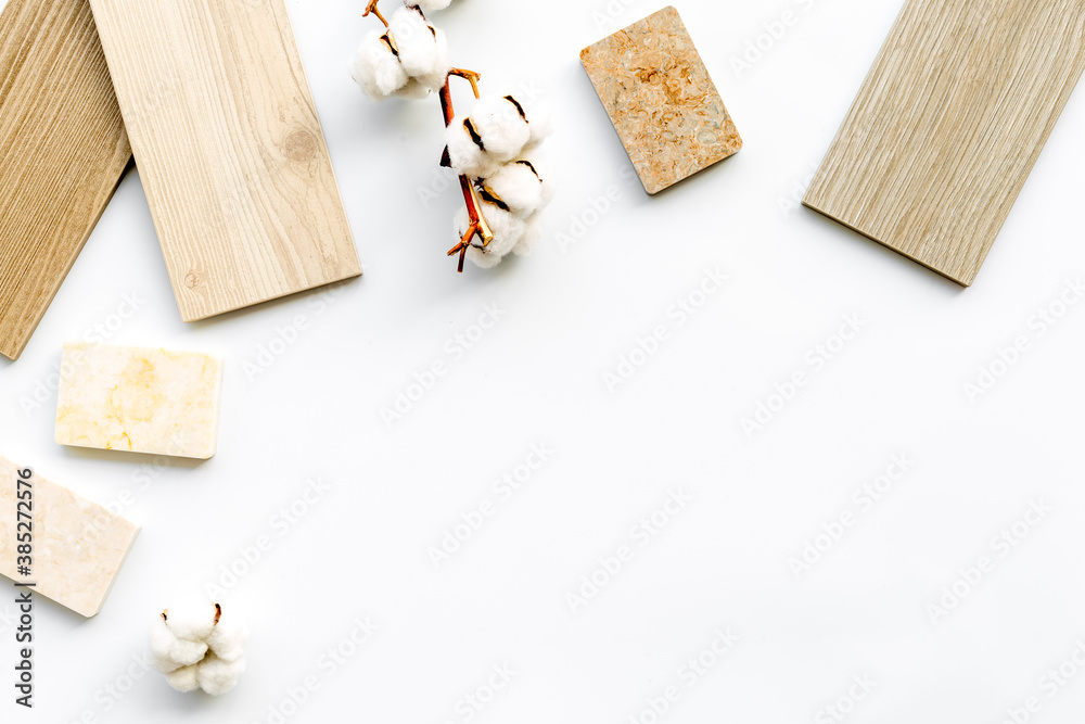 Wooden stoneware and kitchen countertops samples on the table, flat lay