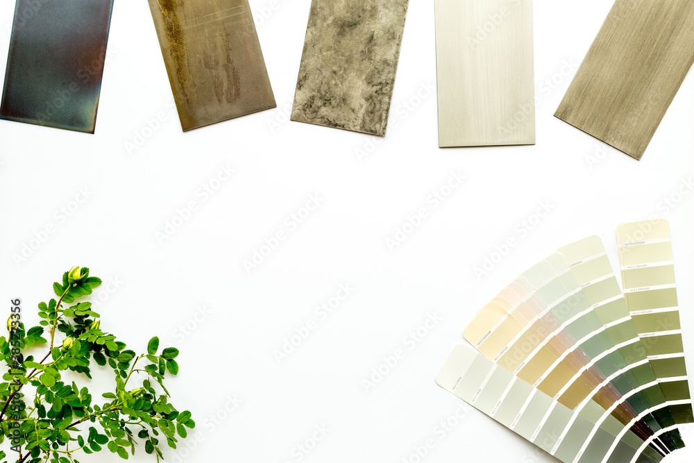 Choosing flooring and furniture materials samples with color scheme. Top view