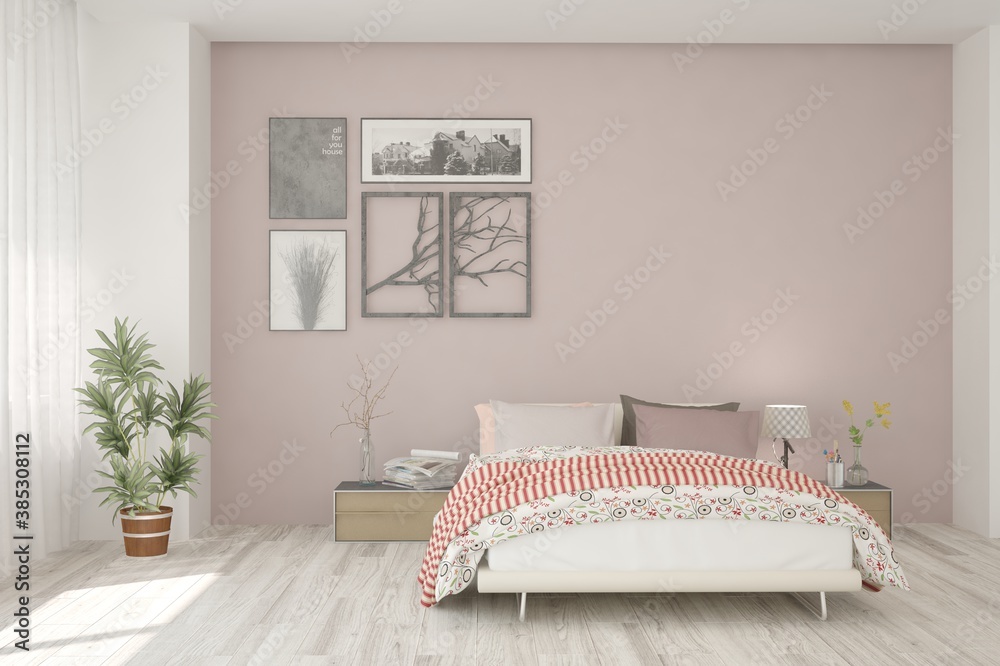 White bedroom interior. Scandinavian design. 3D illustration