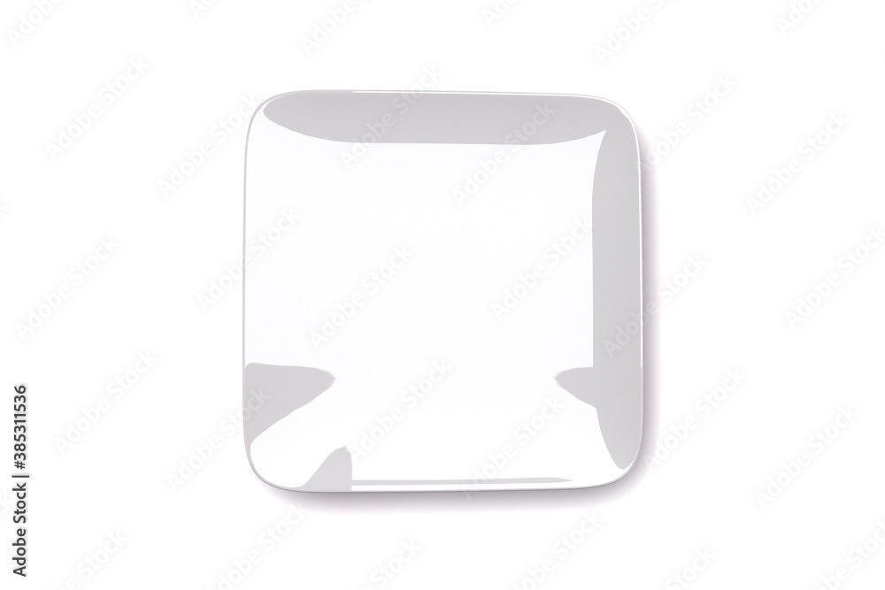 White square dish plate isolated on white, Empty flat porcelain tableware for food and cutlery set, 