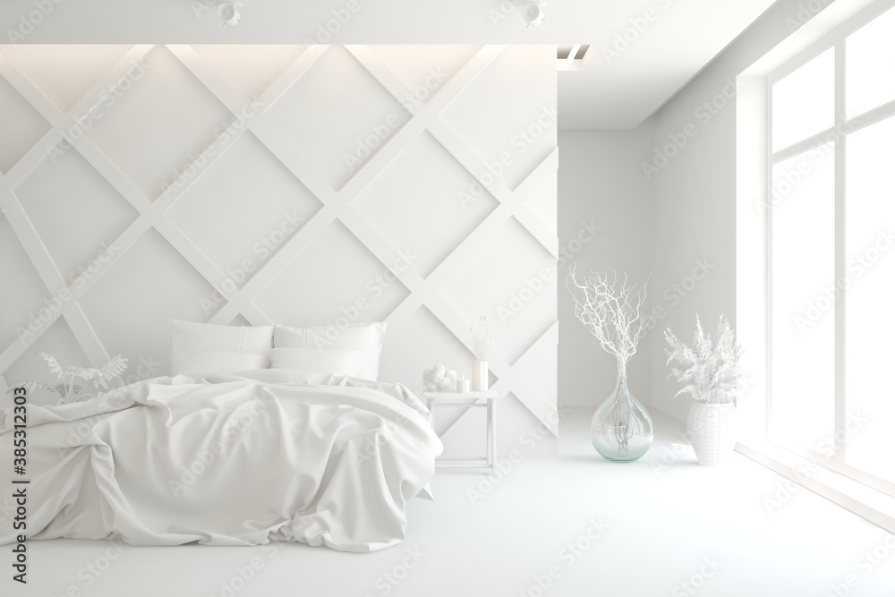 Modern bedroom in white color. Scandinavian interior design. 3D illustration