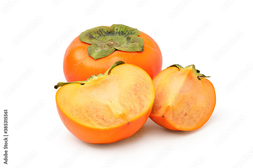 Persimmon fruit with cut in half isolated on white background. clipping path.