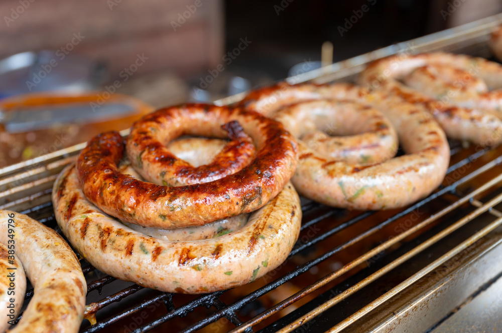 Traditional Thai northern spices pork sausage grilled local food in Chiang Mai Thailand