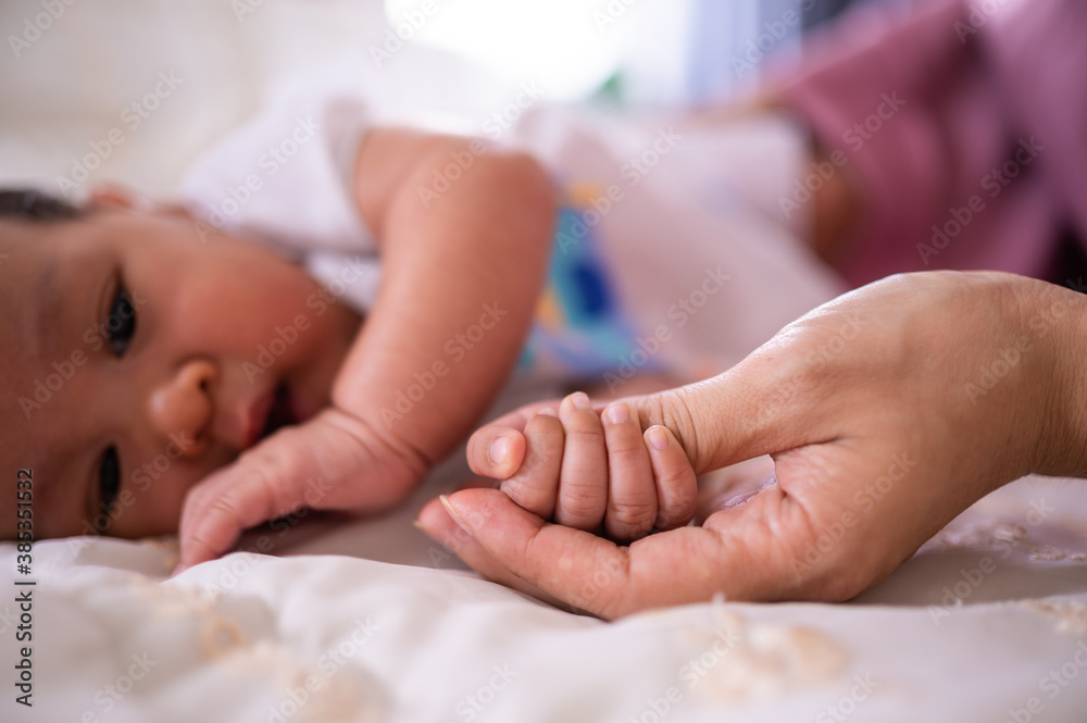 Baby hand in mother hand concept of love and Happiness of maternity