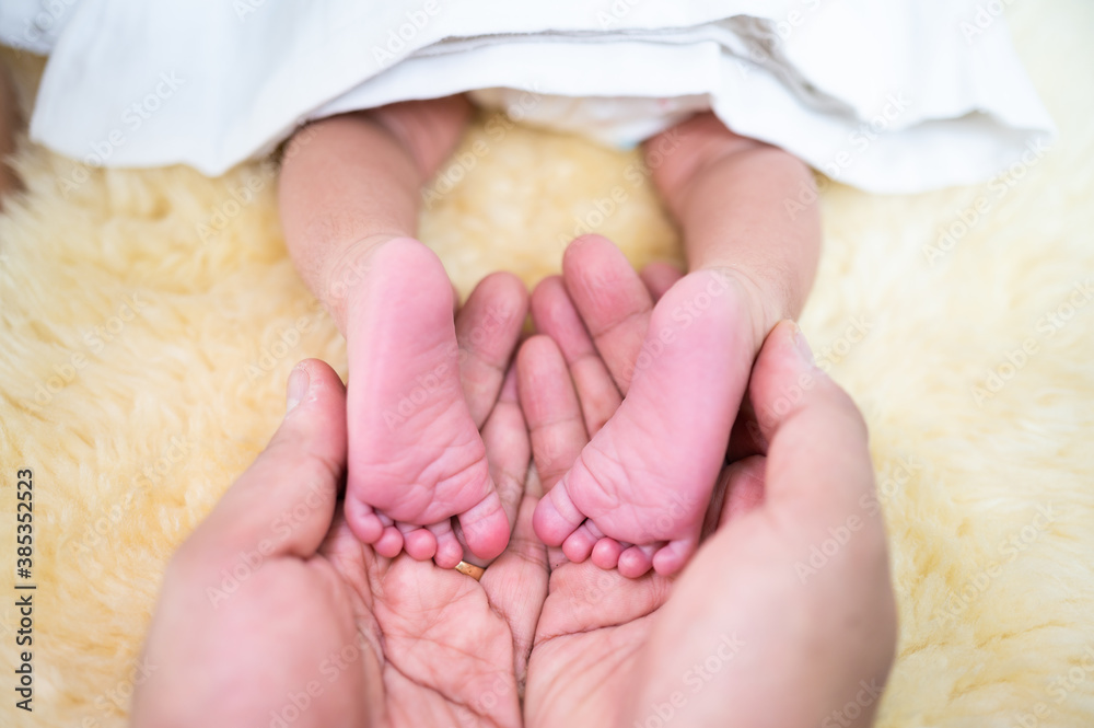 Baby feet in mother hand concept of love and Happiness of maternity