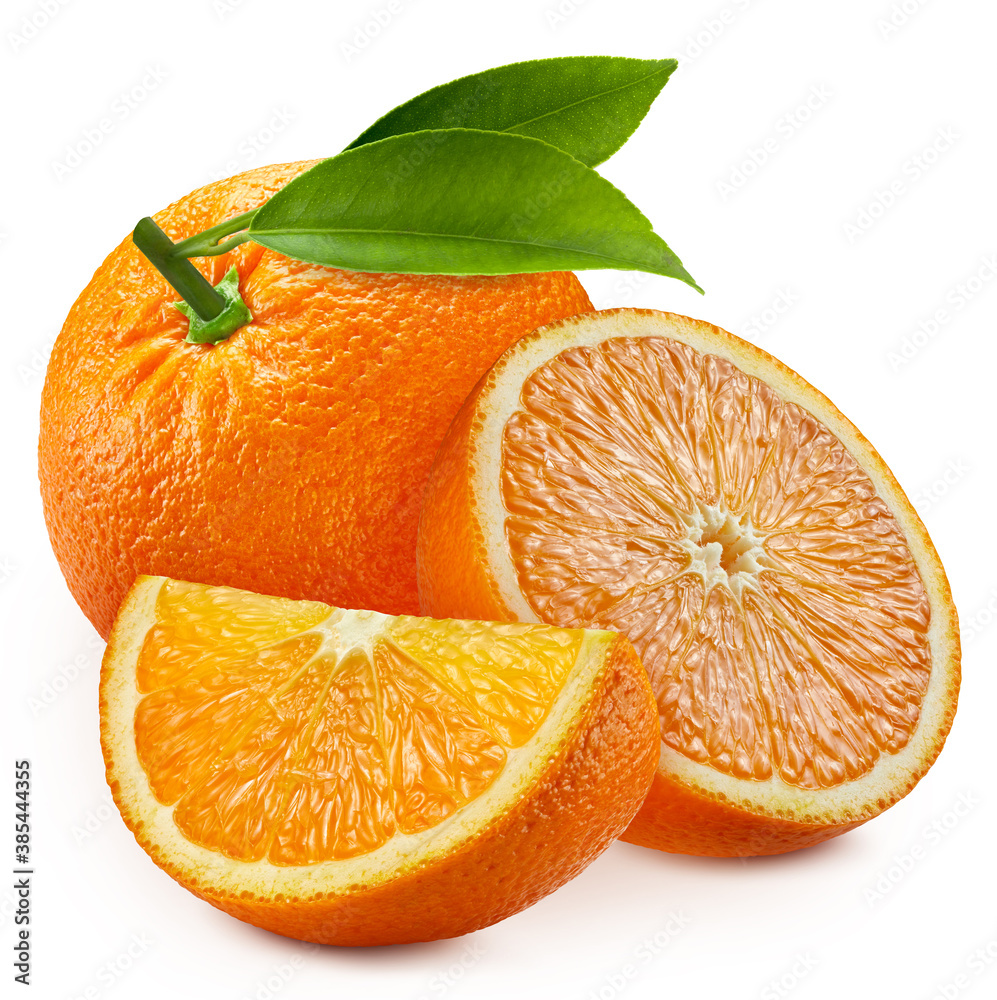 Fresh juicy orange with leaves on a white background with clipping path. Image stack full depth of f