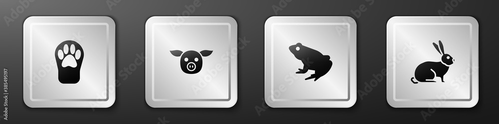 Set Paw print，Pig，Frog and Rabbit图标。银色方形按钮。Vector。