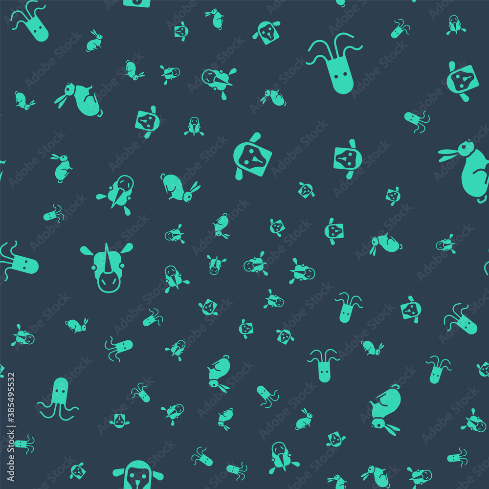 Set Sheep head, Octopus, Rhinoceros and Rabbit on seamless pattern. Vector.