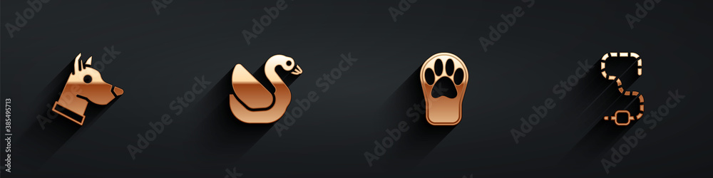 Set Dog head, Swan bird, Paw print and Worm icon with long shadow. Vector.