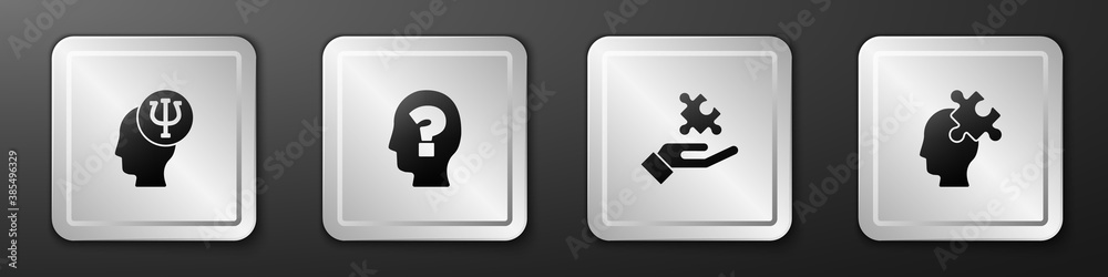 Set Psychology, Psi, Head with question mark, Solution to the problem and icon. Silver square button