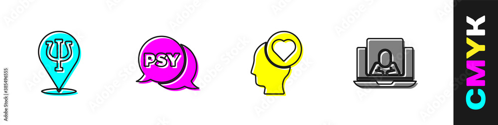 Set Psychology, Psi, , Broken heart or divorce and Psychologist online icon. Vector.