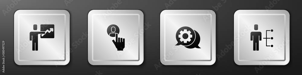 Set Team leader, Head hunting, Speech bubble chat and User of man business suit icon. Silver square 