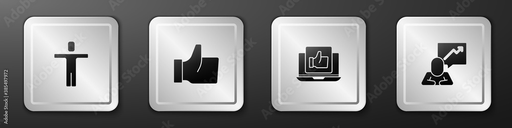 Set Head hunting, Hand like, and Team leader icon. Silver square button. Vector.