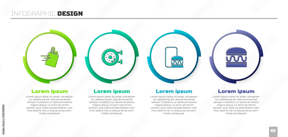 设置在线订购和配送、甜甜圈和汉堡。商业信息图模板。矢量。