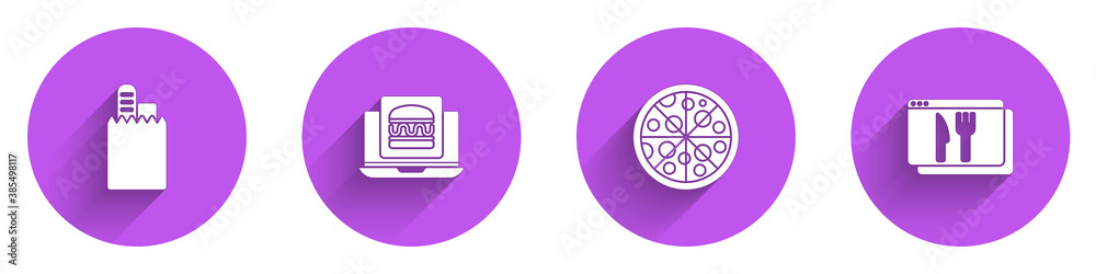 Set Online ordering and delivery, burger, Pizza and icon with long shadow. Vector.