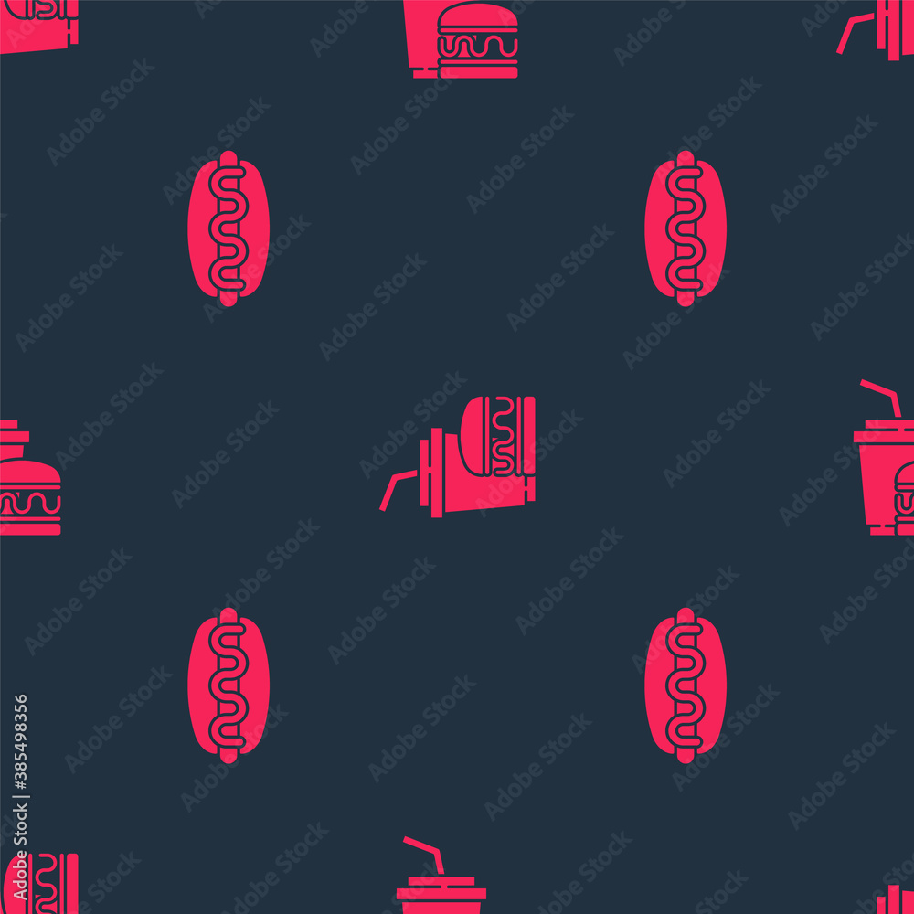 Set Hotdog sandwich and Paper glass burger on seamless pattern. Vector.