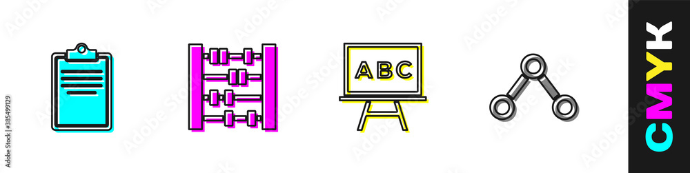 Set Clipboard with checklist, Abacus, Chalkboard and Molecule icon. Vector.