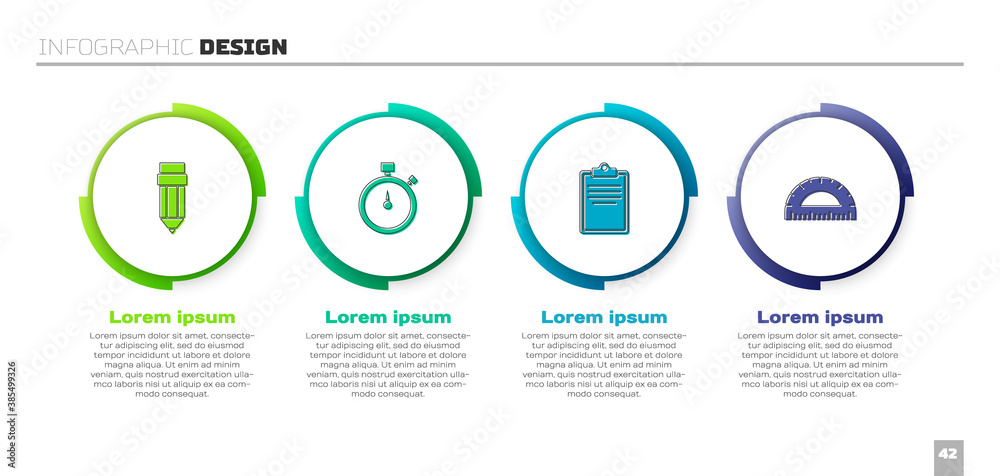 Set Pencil with eraser, Stopwatch, Clipboard checklist and Protractor. Business infographic template