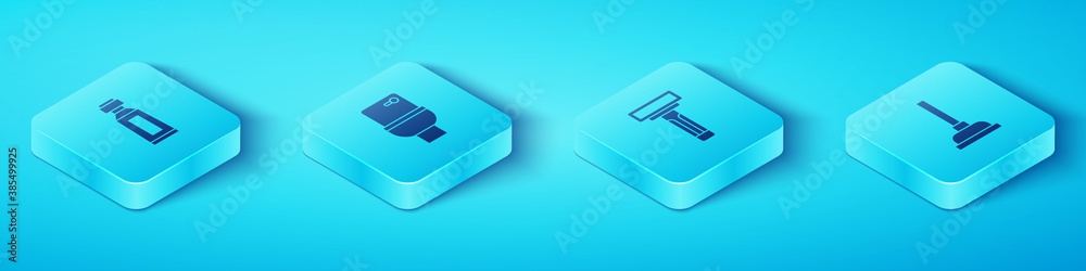 Set Isometric Tube of toothpaste, Toilet bowl, Rubber plunger and Shaving razor icon. Vector.