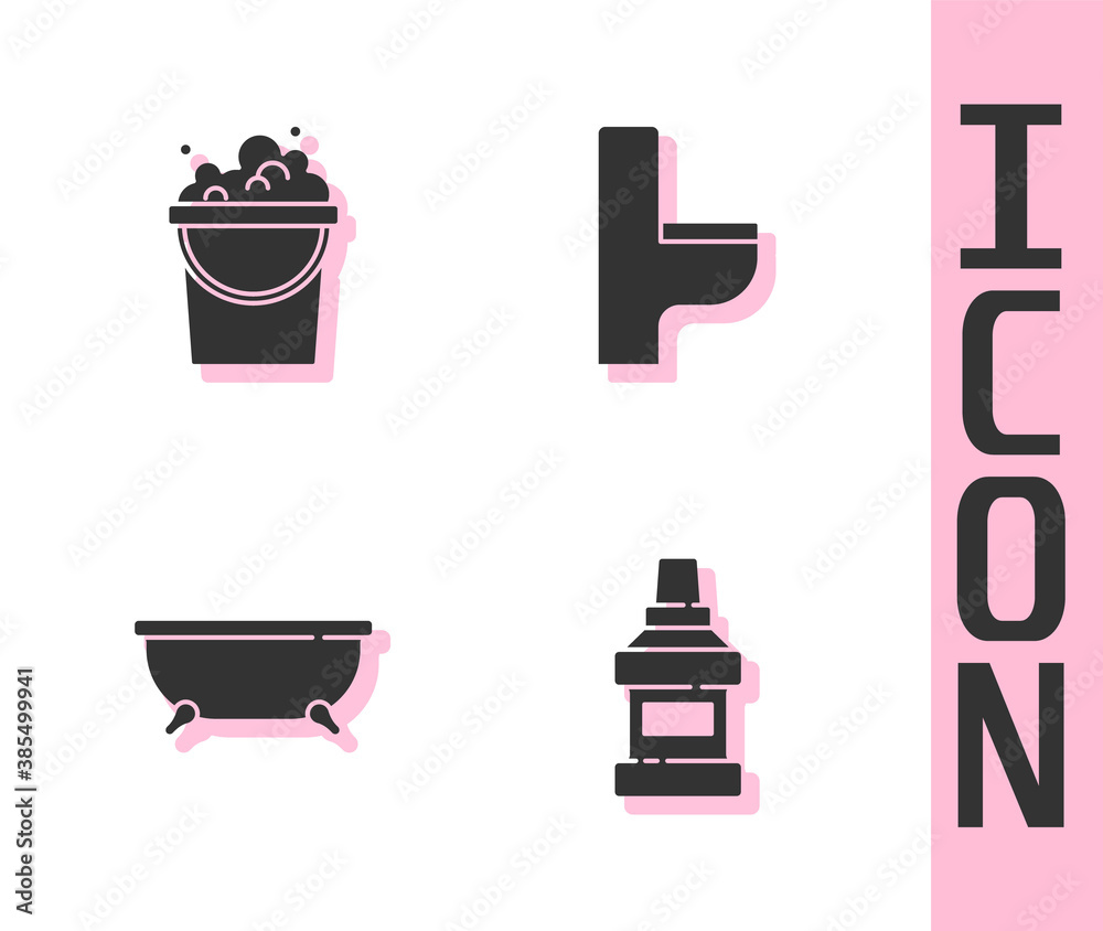 Set Mouthwash bottle, Bucket with soap suds, Bathtub and Toilet bowl icon. Vector.