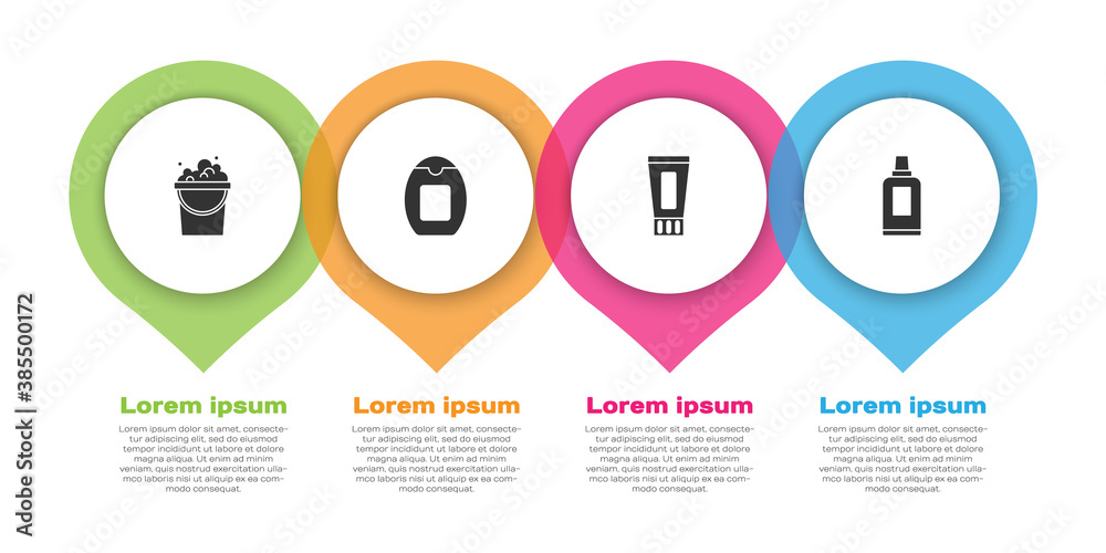 Set Bucket with soap suds, Bottle of shampoo, Tube toothpaste and for cleaning agent. Business infog